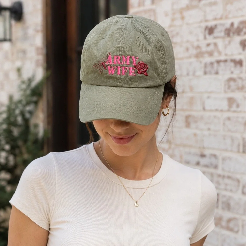 Army Wife Hat Womens Olive Green Embroidered Butterfly Rose Cotton Baseball Cap